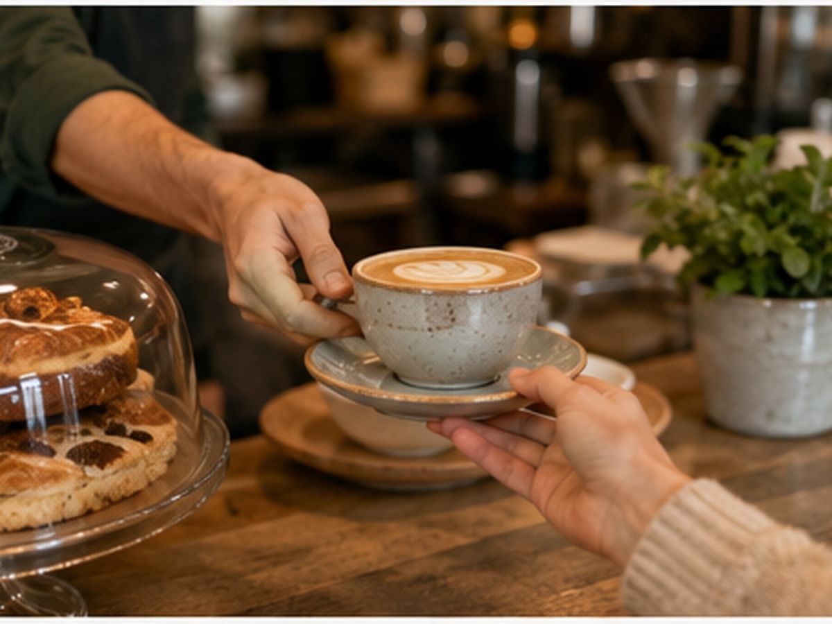 Artisan coffee and pastries on cafe counter