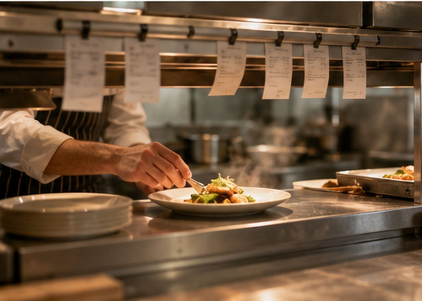 Kitchen pass with chef plating