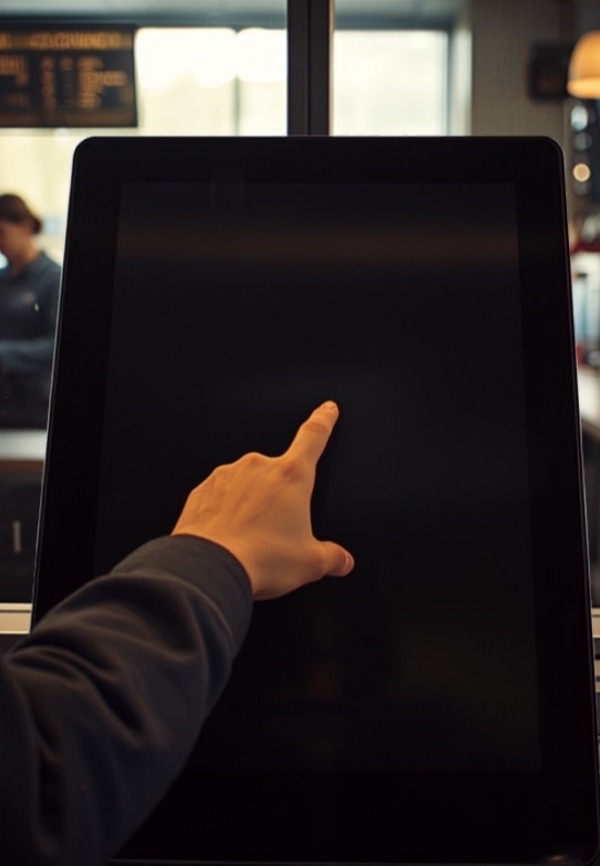 Guest using self-service touchscreen kiosk
